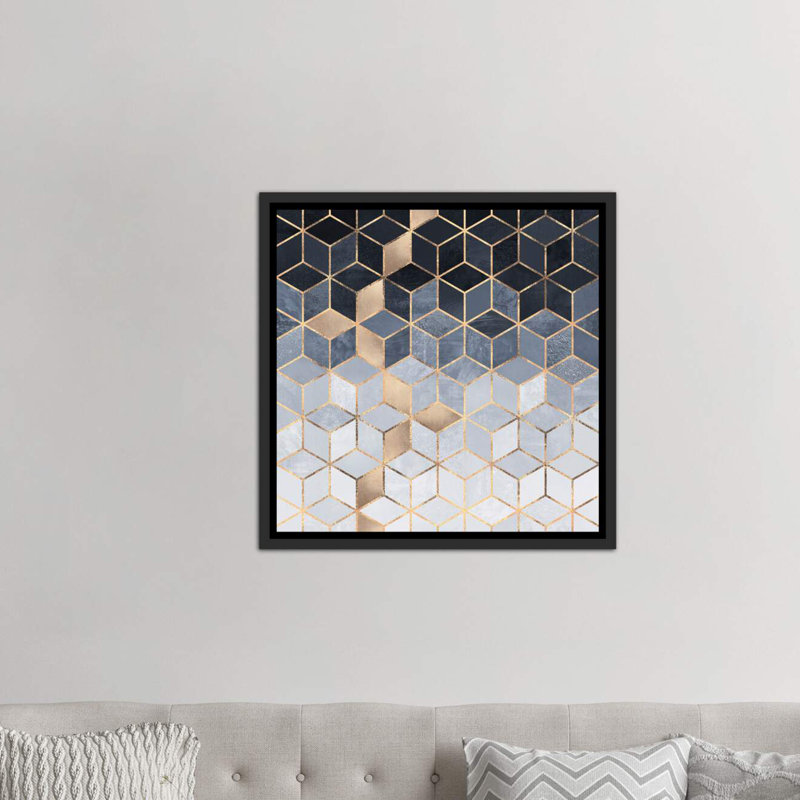 «Soft Blue Cubes» par Elisabeth Fredriksson - impression d'art graphique, Toile avec cadre noir, H 18 po x l 18 po x 1,5 po