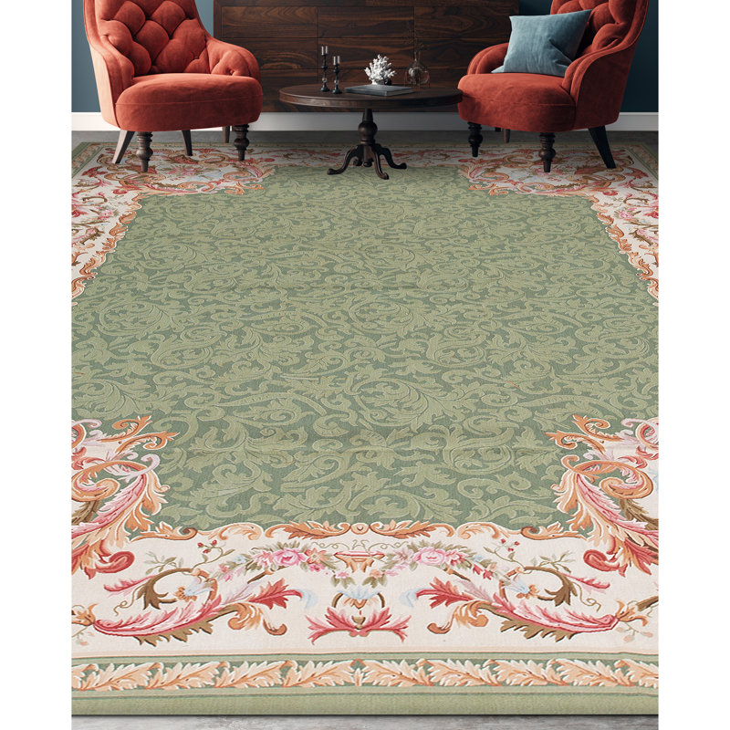 Hand-Knotted High-Quality Green and Ivory Area Rug