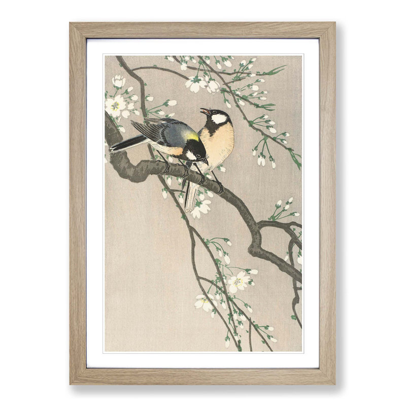 Tits on a Cherry Branch by Ohara Koson - Picture Frame Painting Print, Oak Framed, 48cm H x 36cm W x 2cm D