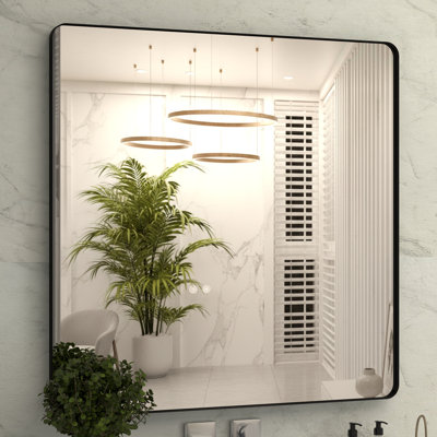 Miroir de salle de bain 36 po x 36 po avec cadre en métal noir, miroir de meuble-lavabo noir mat, antirouille, verre trempé, suspendu horizontalement ou verticalement