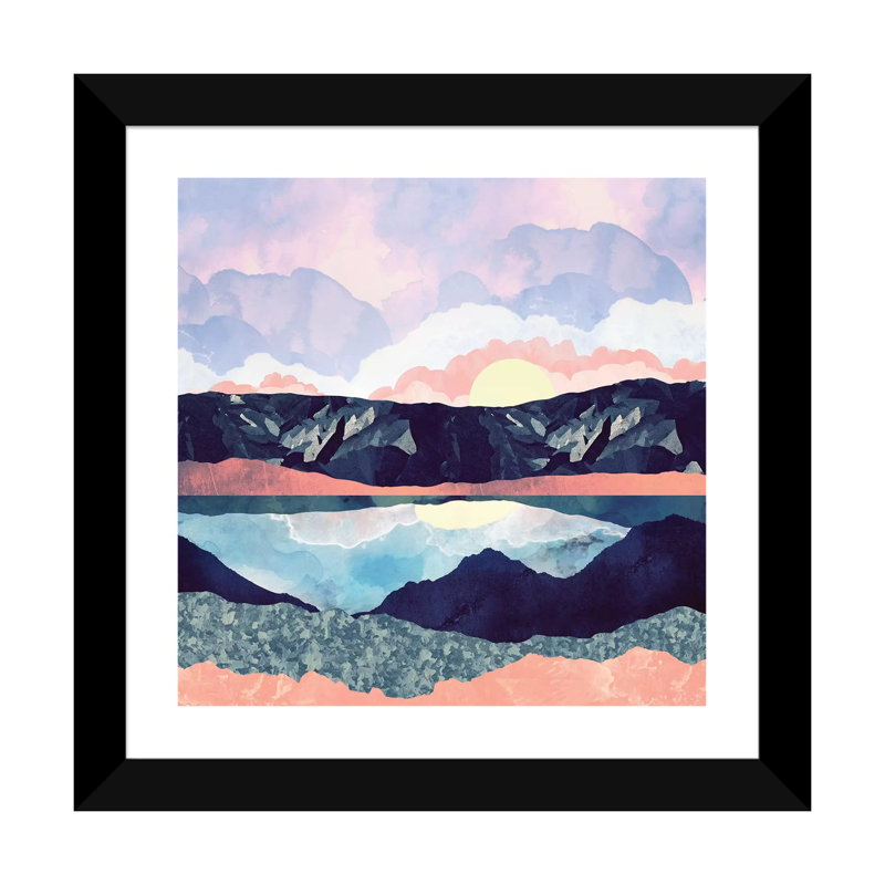 Lake Reflection - impression d'art graphique, H 16 po x l 16 po x P 1 po, Papier avec cadre noir, Blanc
