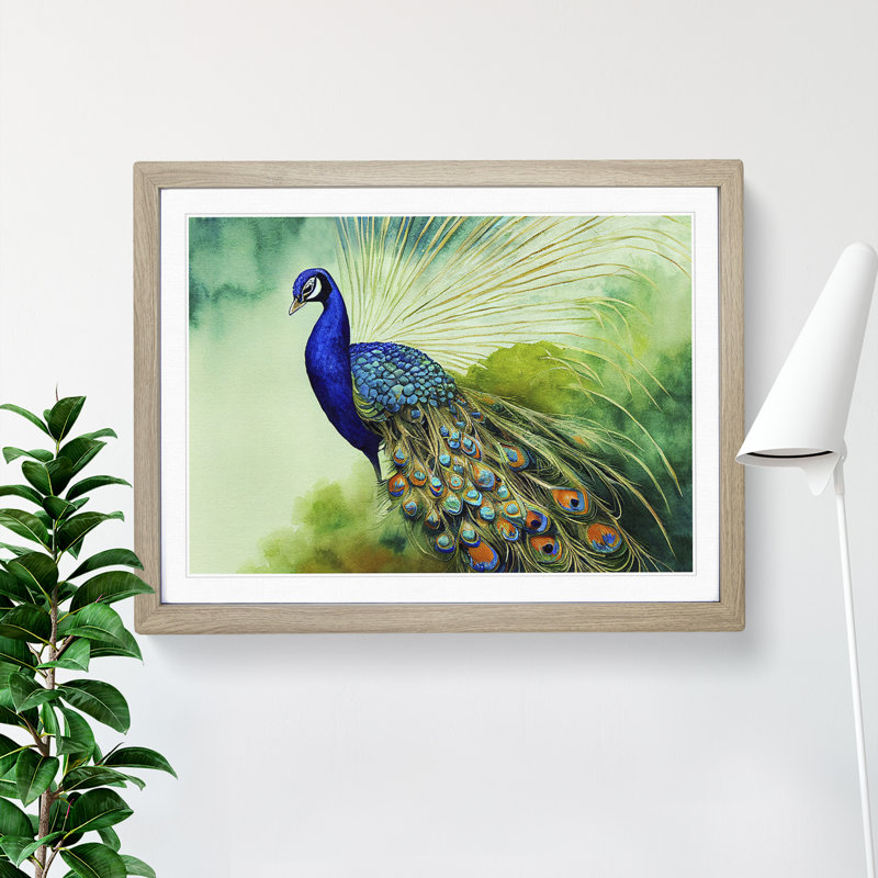 Watercolour Peacock - Single Picture Frame Print, 25cm H x 34cm W x 2cm D, Oak Framed