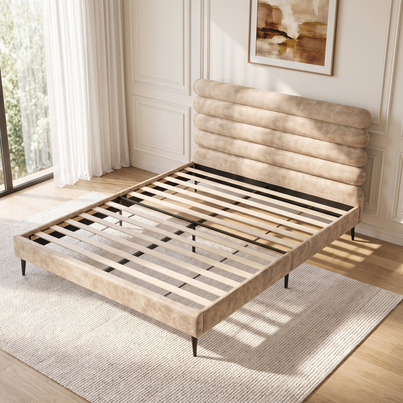 Queen Upholstered Platform Bed Frame, Horizontal Roll Padded Headboard, Wood Slats, No Box Spring Needed
