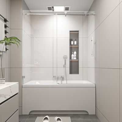 Portes de douche coulissantes simples sans cadre à fermeture en douceur de l 56 à 60 po x H 60 po, verre trempé de 5 po à 16 po d'épaisseur, quincaillerie en acier inoxydable