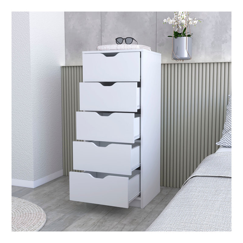Commode 5 tiroirs Dillon, commode haute Dillon, White