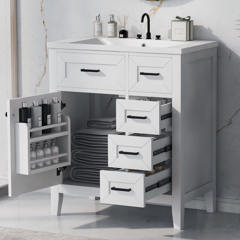 Meuble-lavabo de salle de bain avec lavabo, armoire blanche et tiroirs, panneau de fibres à densité moyenne durable et structure en bois massif