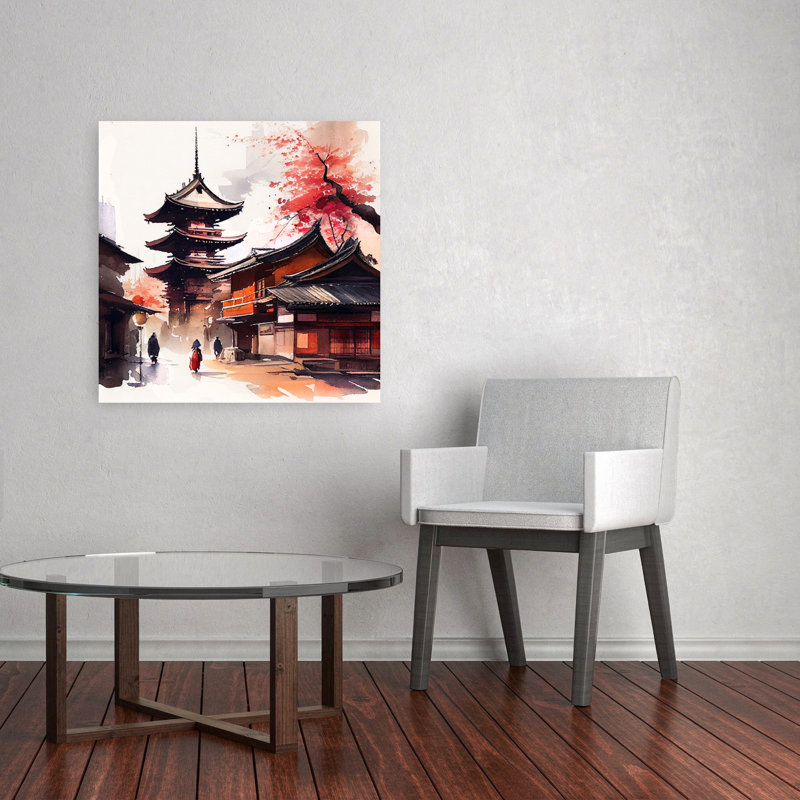 Serene Japanese Temple Street Abstract Contemporary Architecture Landscape Wall Art Print 1 Piece Wrapped Canvas Wall Art