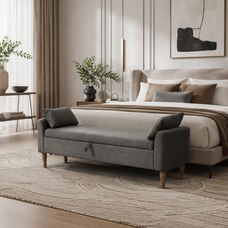 Banc de rangement rembourré en boucle avec accoudoirs et coussins cylindriques, Gris anthracite