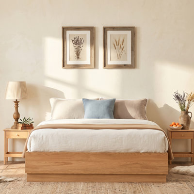 Lit plateforme moderne en bois sans tête de lit avec base étagée et rangement relevable, grand, brun clair