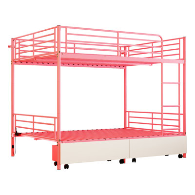 Lit superposé en métal rose avec charge, design, espace de rangement, sans sommier, peut être divisé en 2 lits simples, configuration de chambre à coucher moderne avec style, espace, divisibles