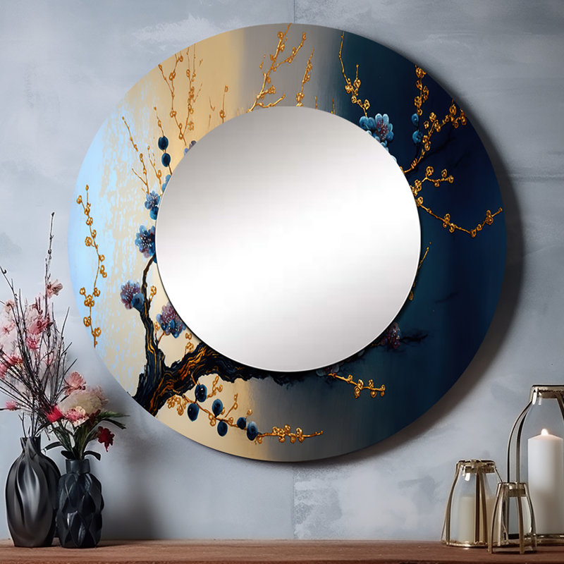 Miroir mural décoratif Rahib Blue Cherry Blossom Branch I - Bonsai, 23 po x 23 po
