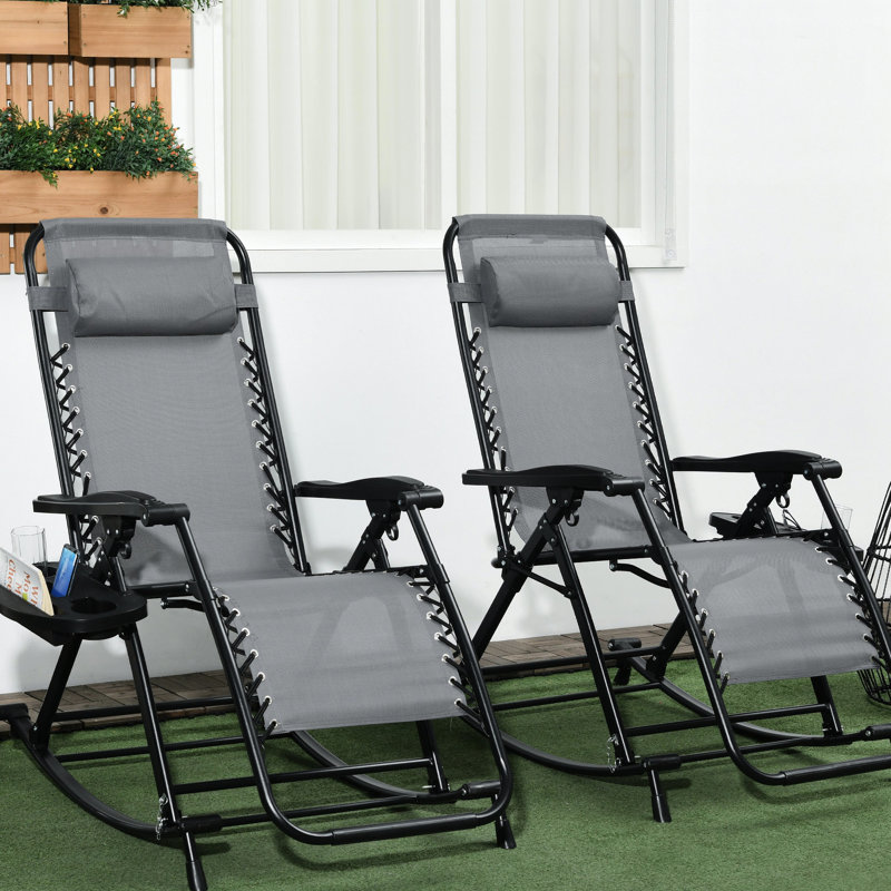 2 Pieces Outdoor Gray Rocking Chairs, Zero Gravity Foldable With Pillow, Cup & Phone Holder, Steel Material, Versatile Use 2 Rockers, Reclining Chair Gray. Build, Relaxing