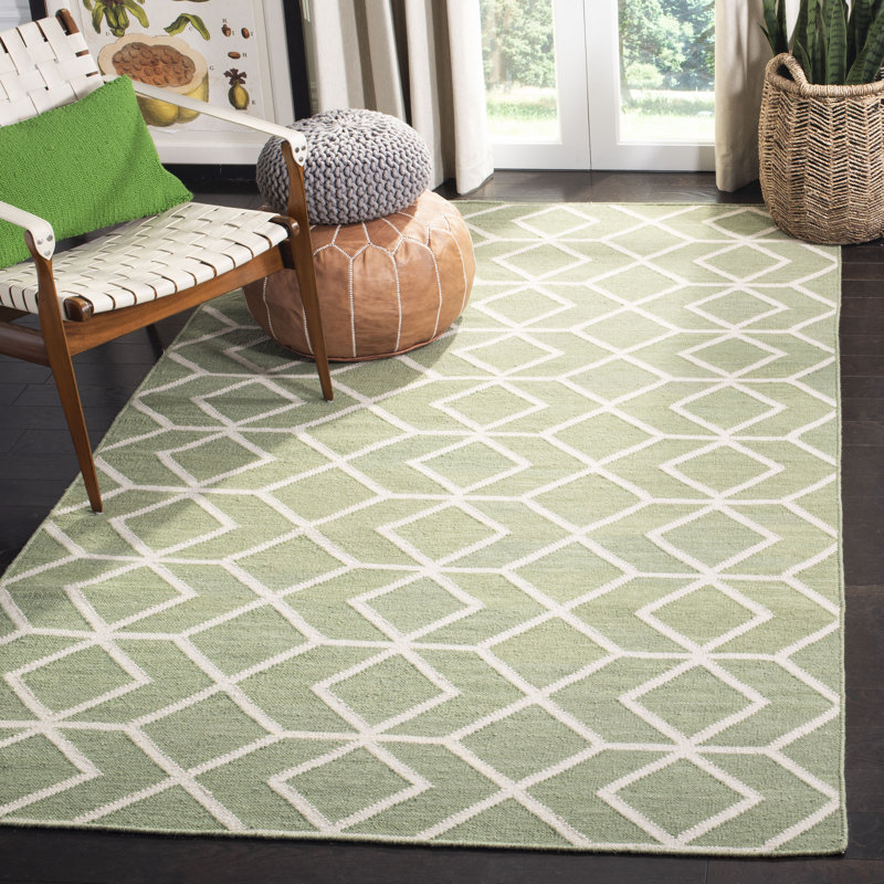 Tapis en laine / coton tissé à la main à plat Rodgers en sauge / ivoire, Rectangle 5 pi x 8 pi