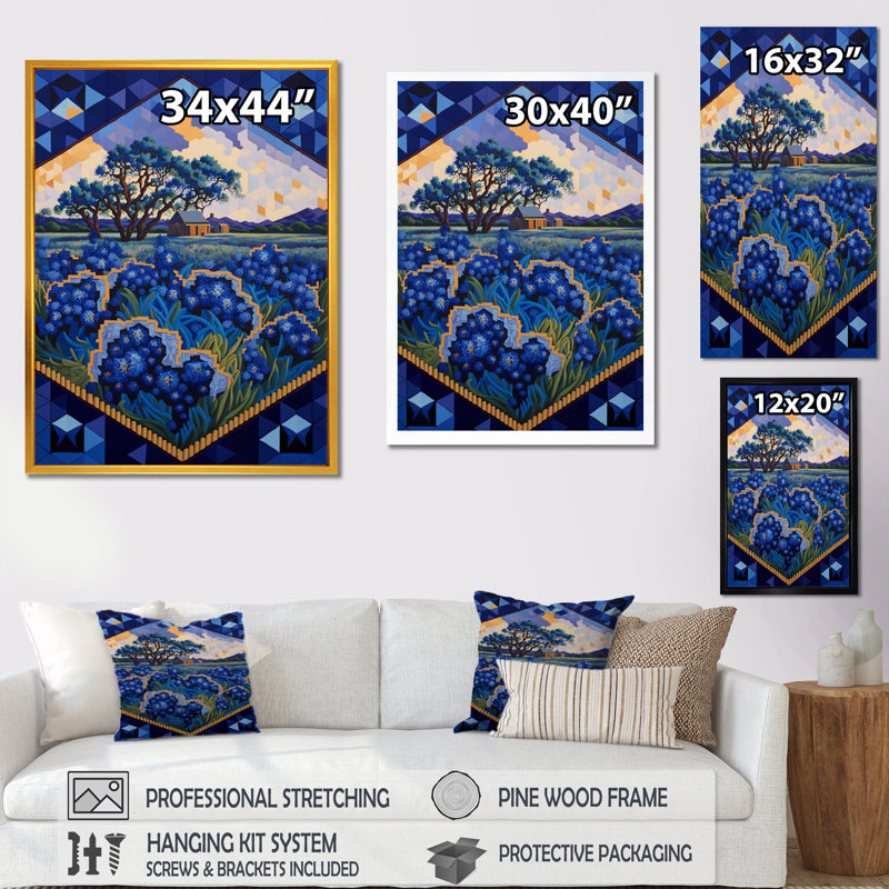 «Field of Blossoming Bluebonnets I» - Impression, Cadre flottant doré, H 44 po x l 34 po x P 1,5 po
