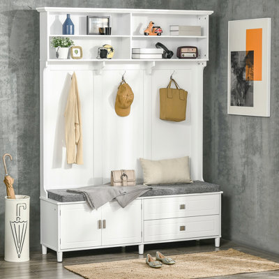 Arbre d'entrée avec banc de rangement, banc d'entrée avec portemanteau, portemanteau d'appoint avec tablettes de rangement, armoire et tiroirs pour couloir, vestibule, blanc