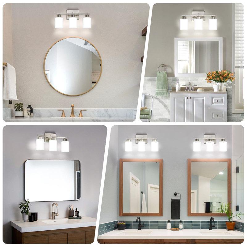 Luminaires de salle de bain en nickel brossé, miroir de meuble-lavabo moderne à 3 lumières, appliques murales avec abat-jour en verre givré (ampoules non incluses)