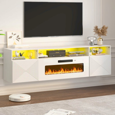 71" Floating TV Stand with 36" Electric Fireplace, Wall Mounted Fireplace Entertainment Center with LED Lights, Mid Century Modern Media Console for TVs Up to 80", White