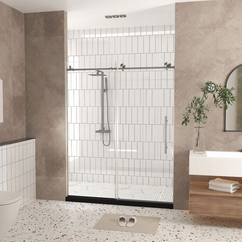 Frameless Shower Door 56-60 "W X 76" H, 1/4 "(6 Mm) Clear Tempered Glass, Explosion Proof Film, Stainless Steel Handle