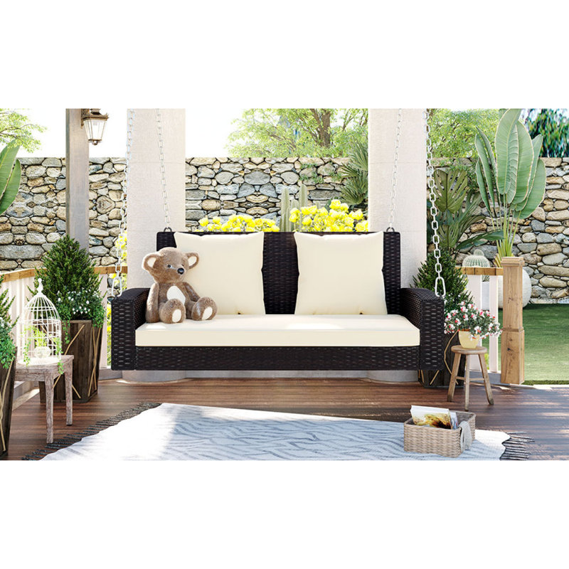 Banc de balançoire en osier avec coussin pour cour arrière, Blanc / Brun