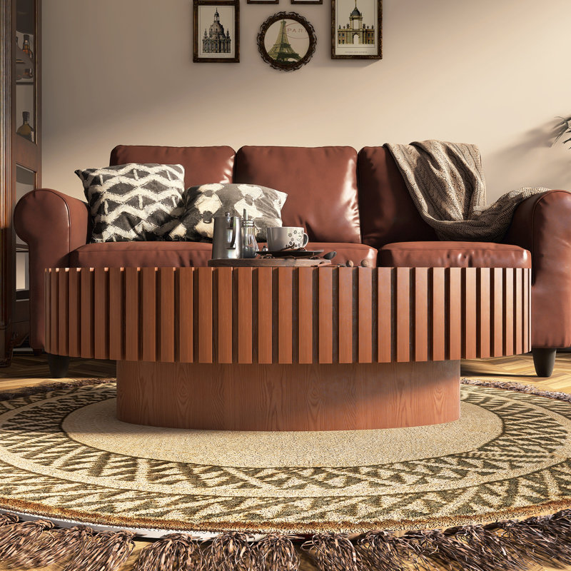 Handcrafted Oval Coffee Table With Relief & Pedestal, Natural Wood