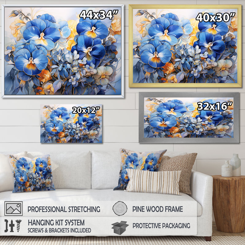 «Elegant Blue Pansy Garden» sur impression sur toile, H 34 po x l 44 po x P 1,5 po, Cadre photo noir