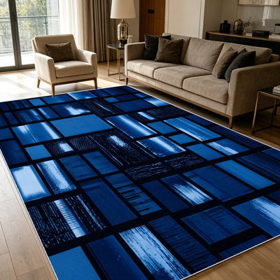 1PC Navy Blue Modern Abstract Geometric Mosaic Grid area rugs for Living Room, Soft and Comfortable, Suitable for all seasons, easy-to-maintain, machine washable Indoor floor mat, Under Table Farmhouse suitable for dining table area, bedroom bedside,