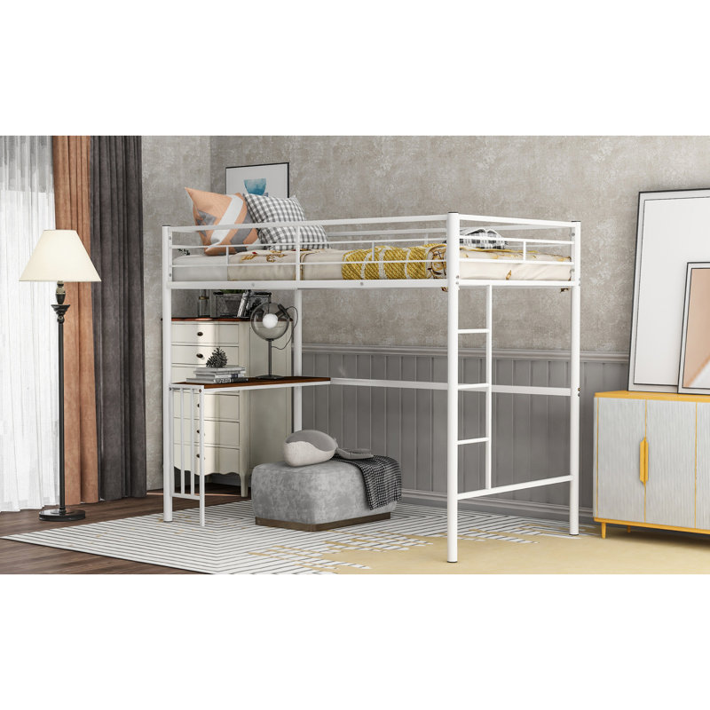 Lit mezzanine simple blanc avec bureau et barrières de sécurité, Blanc