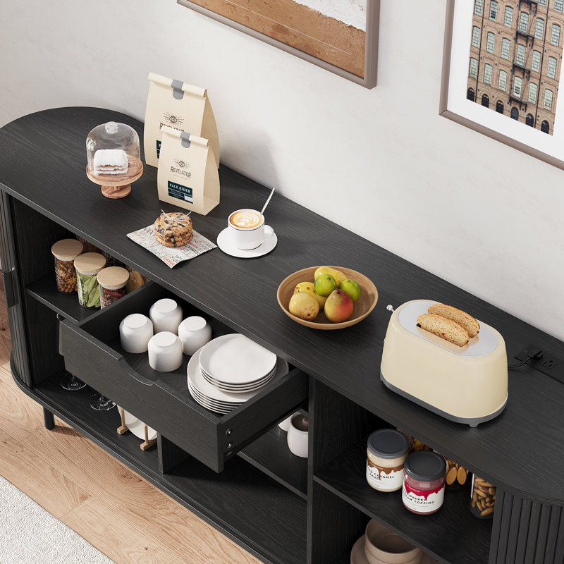 Buffet avec grand tiroir, buffet avec porte coulissante Tambour et tablette réglable, 70'' W X 30'' H X 15.35'' D, Noir