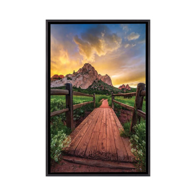 Coucher de soleil sur un vieux pont dans le jardin du parc des dieux, Colorado Springs - reproduction d'art sur toile - toile encadrée