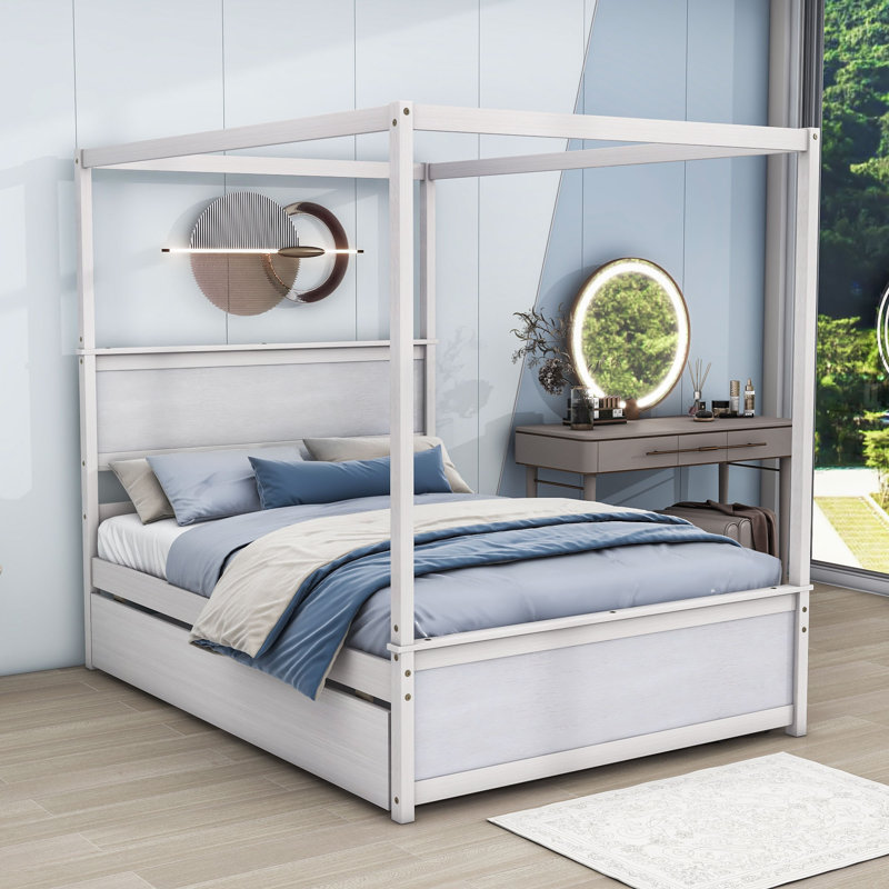 Lit à baldaquin double en bois avec lit gigogne Diletto, Blanc