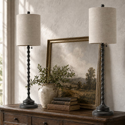 30.5'' Black French Country Spindle Buffet Table Lamps with Linen Shades, Set of 2