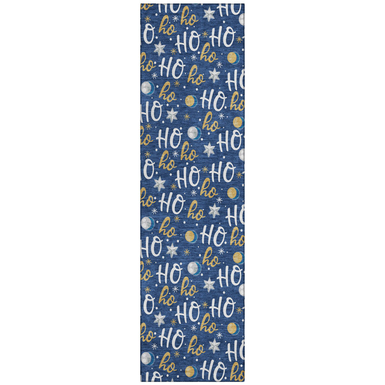 Machine Washable Indoor/Outdoor Snowflake Ho Ho Ho Xhevrie Navy Rug