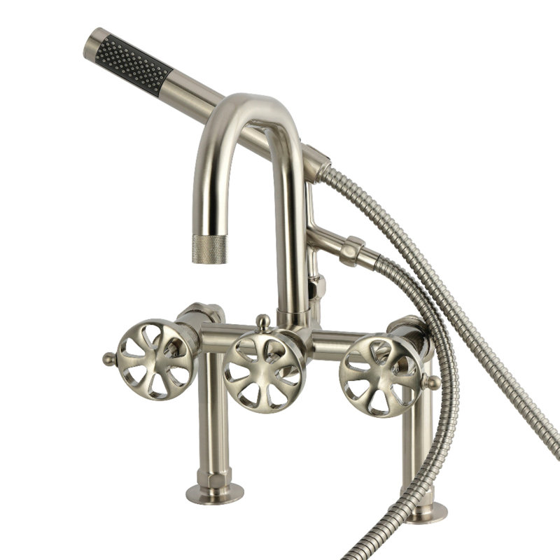 Kingston Brass Belknap Three-Handle 2-Hole Deck-Mount Clawfoot Tub Faucet With Hand Shower, Brushed Nickel