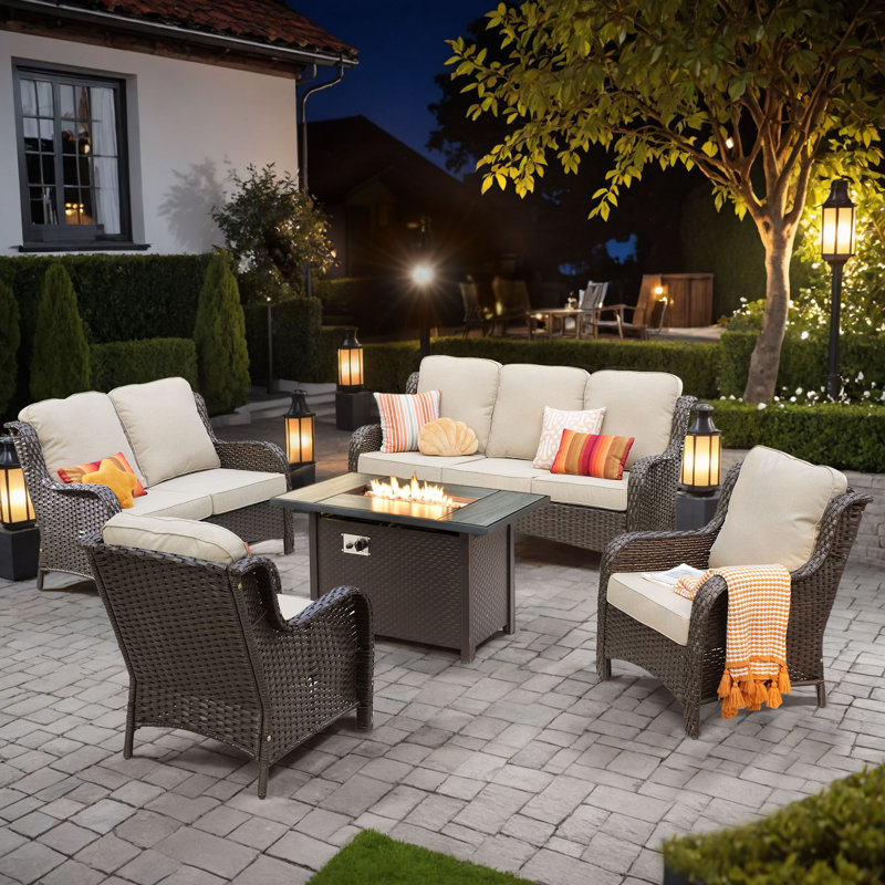 7 - Person Outdoor Seating Group With Cushions And Fire Pit, Beige