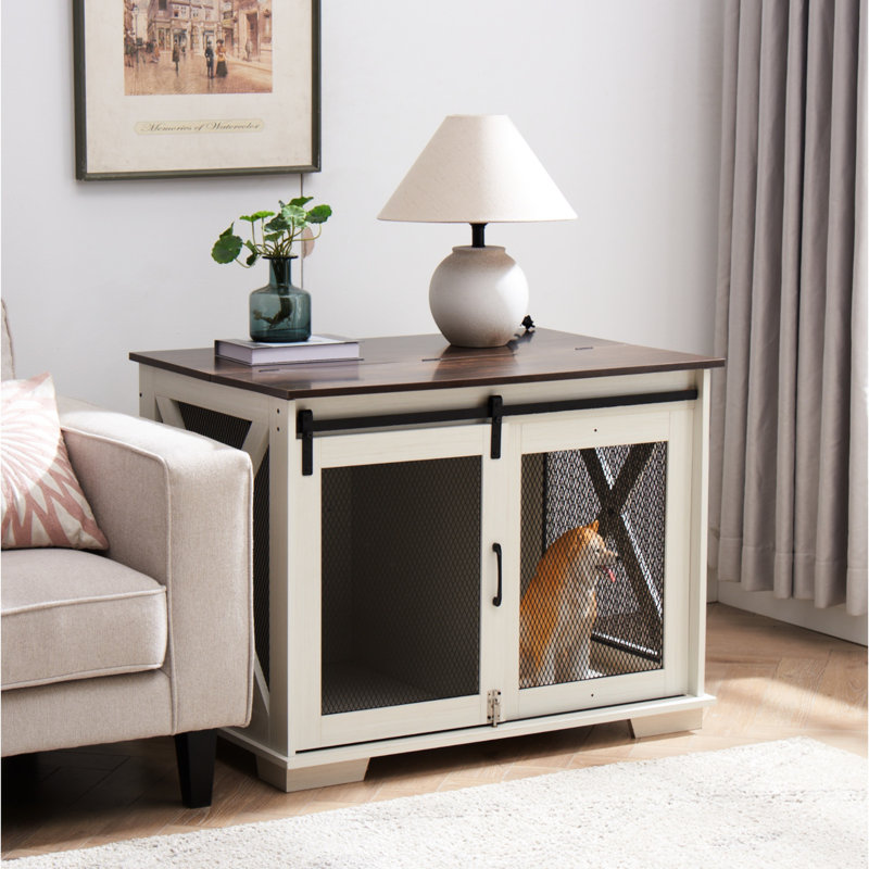 Niche pour chien en bois blanc avec cloison amovible et espace de rangement pour chenil