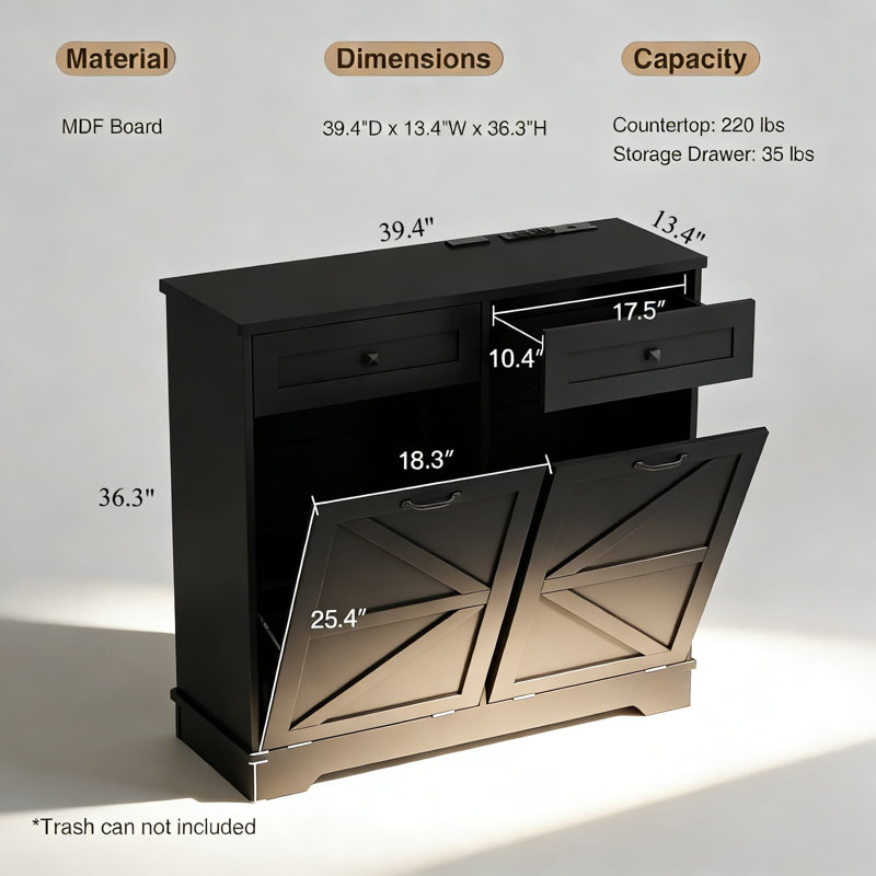 Armoire à poubelle inclinable avec fonction de désodorisation et station de charge intégrée, rangement à double poubelle cachée pour la cuisine et le salon, style maison de campagne en bois