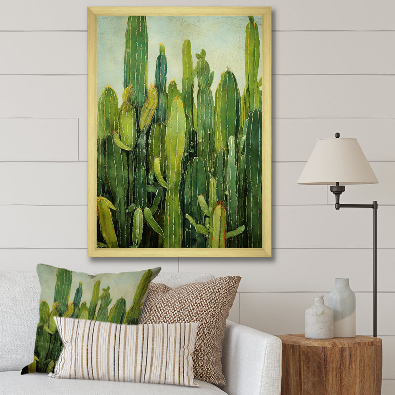 " Green Cactus Contour Collage ", 32" H x 16" W x 1" D, Gold Single Picture Framed