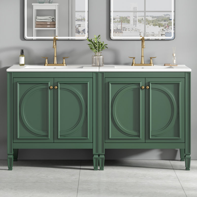 [Vidéo] Ensemble de meuble-lavabo 60 po avec lavabo double, lavabo en céramique, portes à fermeture en douceur avec tablette, tiroir de rangement, vert