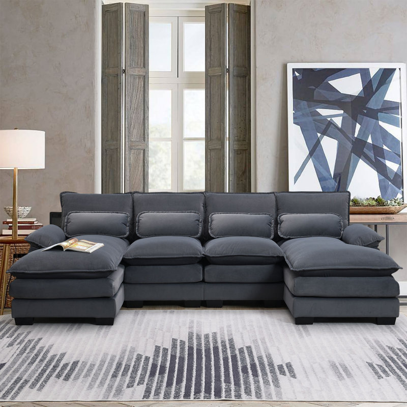 Upholstered U-Shaped Sectional Symmetrical, Gray Velvet