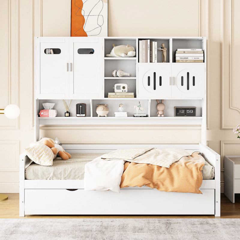 Lit de jour simple blanc avec rangement et lit gigogne, style simple - Élégante tablette d'armoire en bois fonctionnelle
