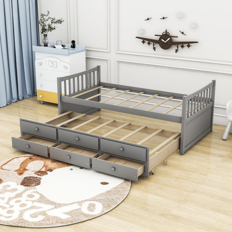  Daybed with Trundle and  Drawers, Gray, Twin