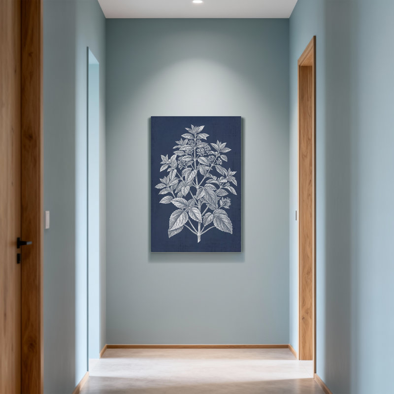 Plantes et fleurs à feuilles argentées sur fond bleu marine, H 18 po x l 12 po
