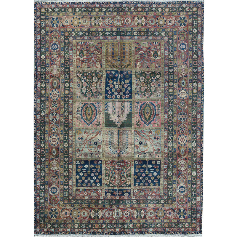 Tapis rouge, noir et bleu noué à la main de haute qualité