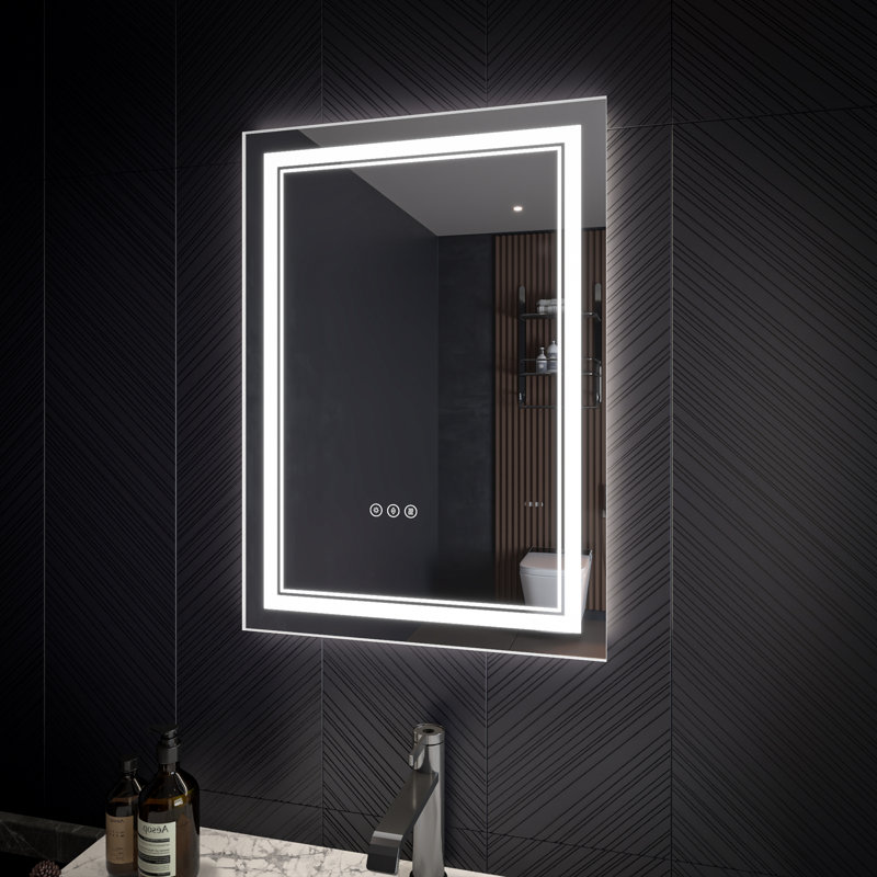 Miroir de salle de bain à DEL avec éclairage de façade en verre trempé anti-buée, 28 po x 20 po
