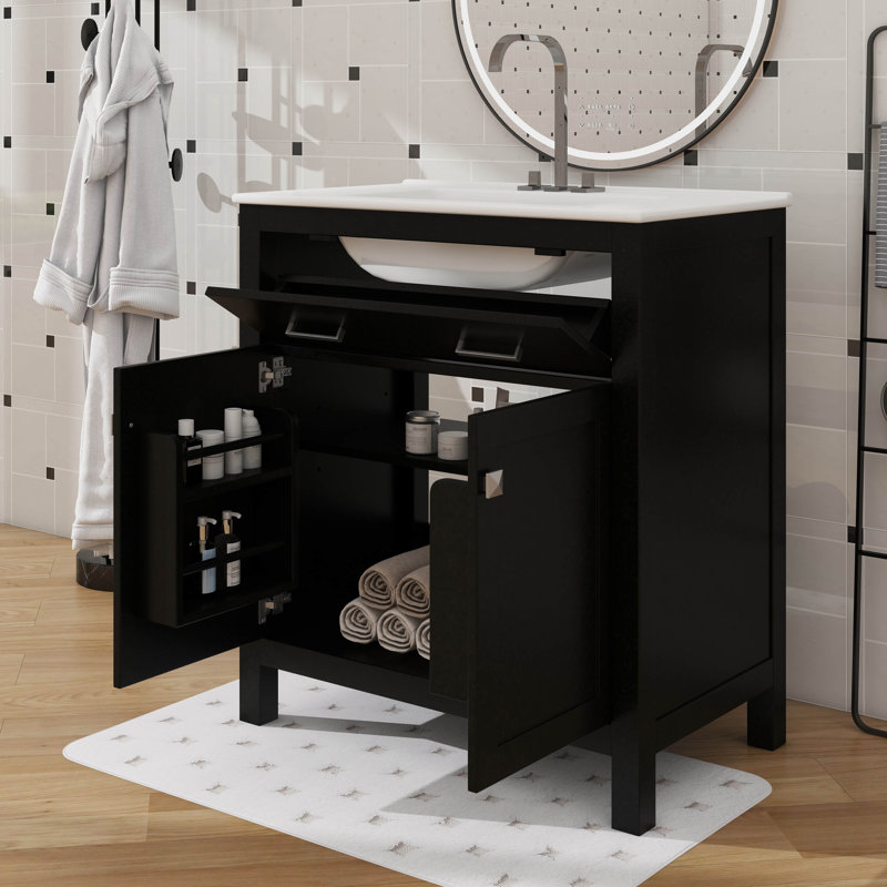 Meuble-lavabo de 30 po avec lavabo intégré et tiroir inclinable, Noir, Nickel brossé