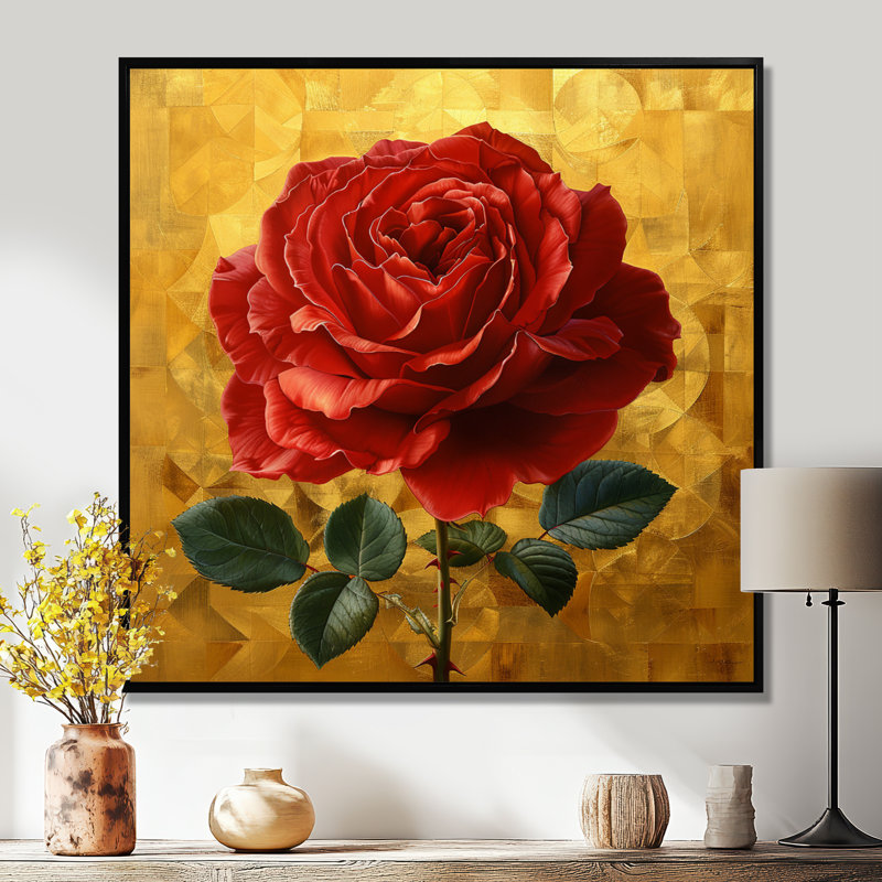 «Red Rose on Vintage Gold - Rose», reproduction d'art murale, Toile avec cadre flottant noir, H 16 po x l 16 po x P 1 po
