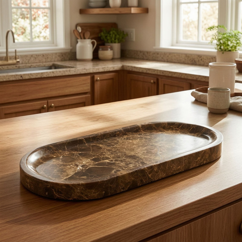 Genuine Natural Marble Oval Tray, Dark Brown Stone Vanity Tray For Bathroom Countertop, Dresser, Kitchen And Home Décor