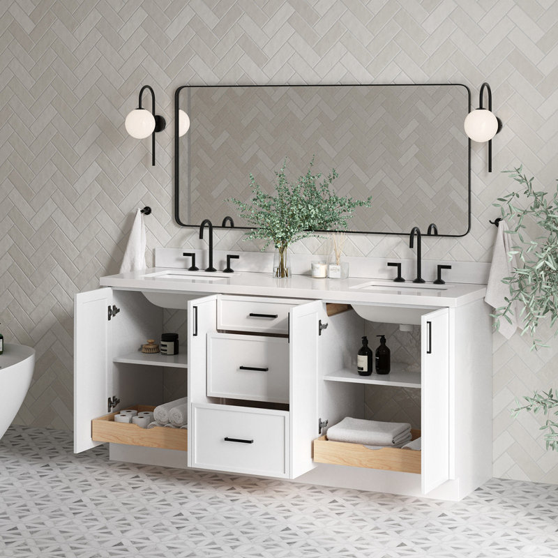 Meuble-lavabo à double cuve ARIEL Kelly 73 avec comptoir en quartz pur, Blanc, Forme rectangulaire, Quartz blanc pur