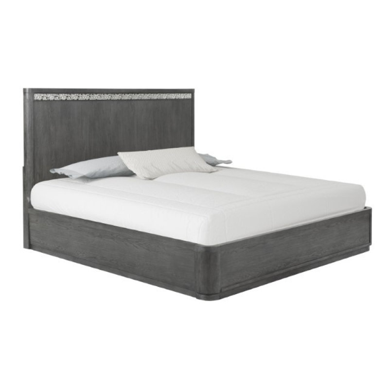 Lit Zoko avec tête de lit à panneau, chrome, bois massif gris cendré, Grand