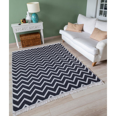 Tapis à chevrons en coton tissé à plat à la main en blanc / noir Catoosa